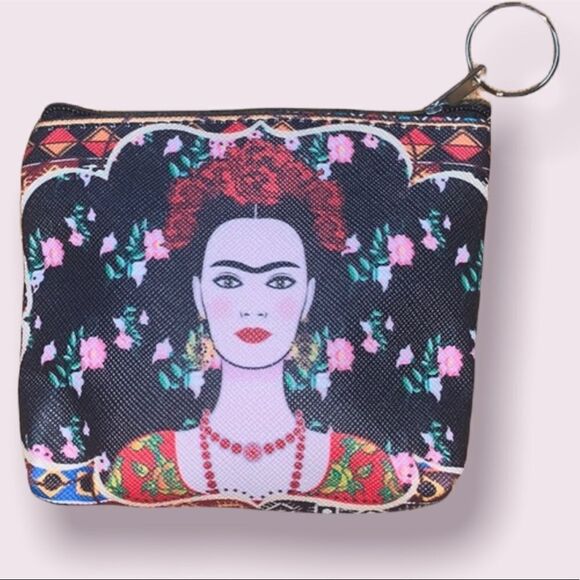Frida Kahlo Portrait Black Floral Zipper Keychain Coin Purse Mini Bag - Picture 1 of 6
